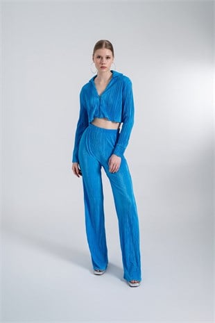 Crop Model Düğme Kapamalı Comfy Crop Gömlek Mavi