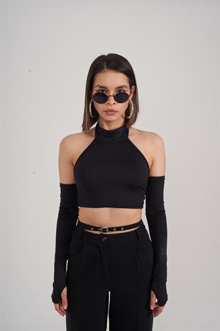 Crop Model Kol Detaylı Pretty Bluz Siyah