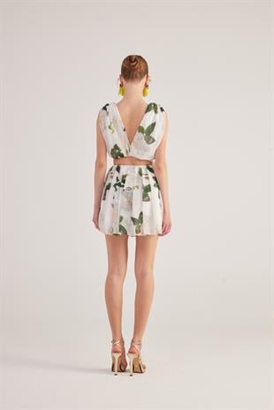 Çiçekli Çıkarılabilir Kurdele Aksesuarlı Şifon Frances Takım Beyaz