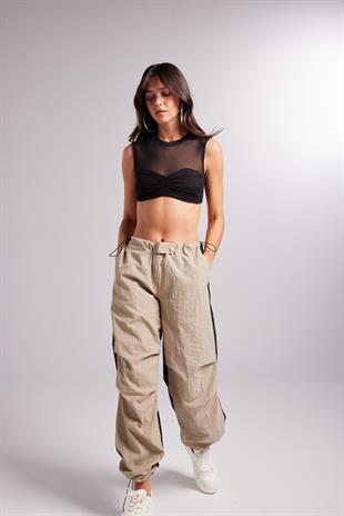 Bel ve Paçası Ayarlanabilir Lastikli Çift Renk Bicolor Paraşüt Pantolon Bej