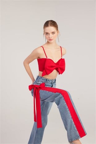 Yüksek Bel Kurdele Detaylı Wide Leg Kyla Jean Pantolon Mavi