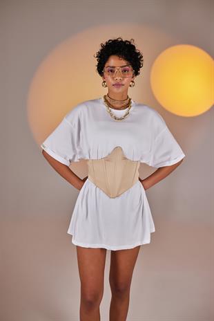 Arkası Gipeli Satin Korse Bej