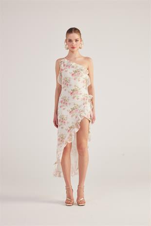 Tek Omuzlu Fırfır Detaylı Şifon Amorous Elbise Ekru