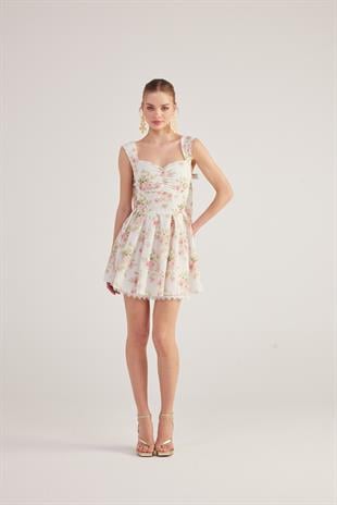 Eteği Brode Detaylı Çiçekli Mini Romance Elbise Pembe