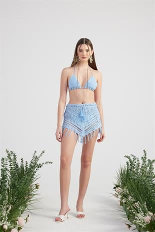 Desenli Bağlamalı Yazlık Alt Üst Chacha Triko Takım Mavi