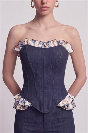 Venus Bustier with Ruffle Detail and Jean-Look Design, Navy Blue