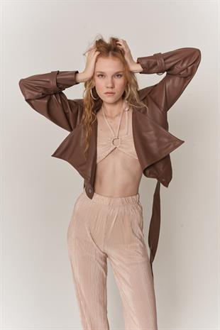 Kadın Bej Crop Bağlamalı Cardy Bluz