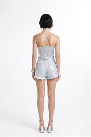 Parlak Kaplamalı Glossy Jean Büstiyer Mavi