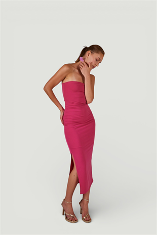 Yırtmaçlı Straplez Midi Bodycon Elbise Pembe