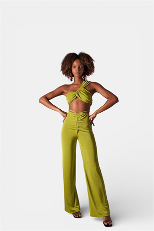 Yüksek Bel Bağlama Detaylı Beatrice Pantolon Yeşil