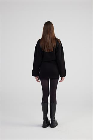 Yırtmaçlı Dokuma Kumaş Mini Claire Elbise Siyah