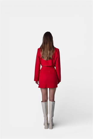 Vatkalı Atlas Kumaş Crop Model Panky Ceket Kırmızı