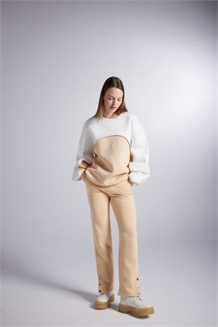 Şardonlu 3 İplik Kumaş Logolu Oversize Nola Sweatshirt Bej
