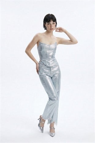 Özel Yapım Parlak Kaplamalı Glossy Jean Pantolon Mavi