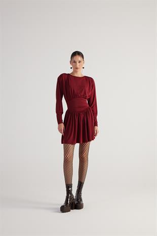 Beli Korse Görünümlü Vatkalı Mini Jade Elbise Bordo