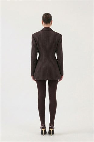 Belden Oturmalı Çizgili Fit Kesim Karen Blazer Ceket Kahve