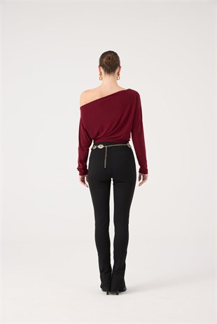 Asimetrik Yaka Talia Bluz Bordo