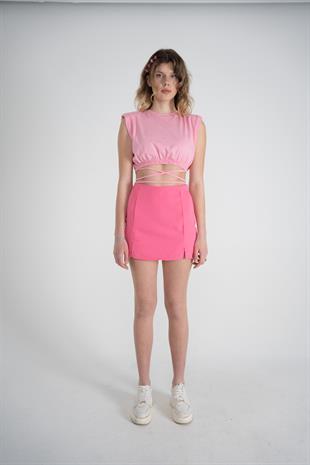 Bel Bağlamalı Crop Candy Tshirt Pembe