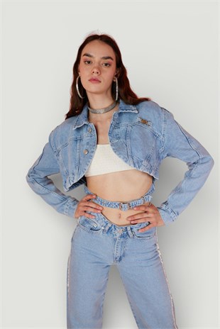 Crop Model Düğme Kapamalı Biana Jean Ceket Mavi