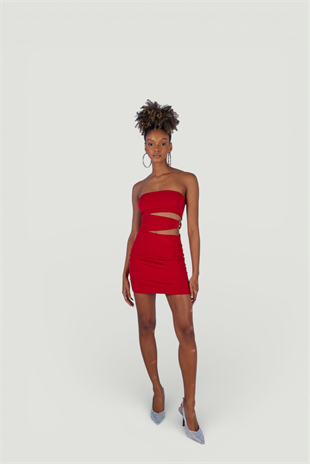 Straplez Mini Buble Elbise Kırmızı