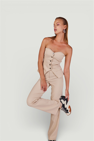 Straplez Kesim Astarlı Panky Bluz Bej