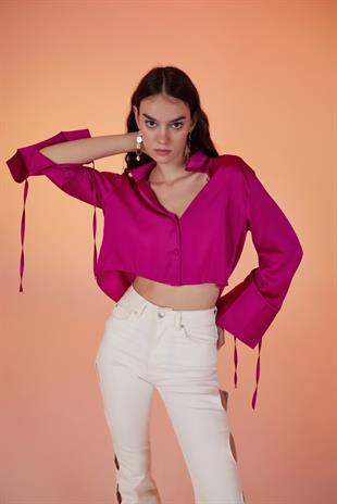 Özel Dokulu Saten Crop Silky Gömlek Pembe