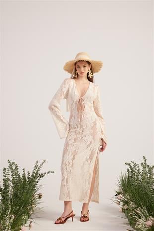 Çiçek Motifli Uzun Zeya Triko Elbise Bej