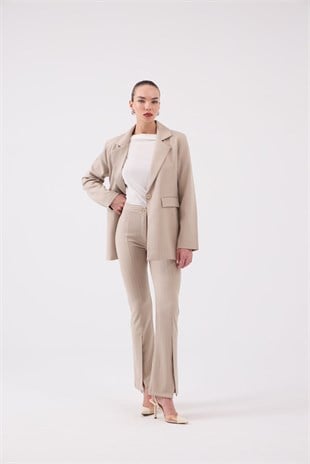 Vatkalı Astarlı Blazer Striped Blazer Ceket Bej