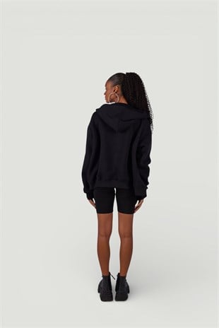 Uzun Kol Kapüşonlu Fermuar Kapamalı Hoody Sweatshirt Siyah