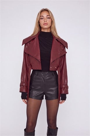 Crop Model Astarlı Kemerli Neeko Deri Ceket Bordo