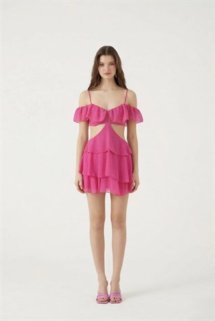 Mini Boy Dekolteli Açık Omuz Detaylı Ruby Elbise Pembe