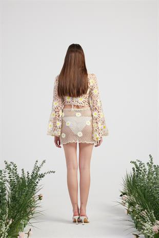 Çiçek Desenli Triko Pareo Doll Takım Bej