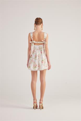 Eteği Brode Detaylı Çiçekli Mini Romance Elbise Pembe