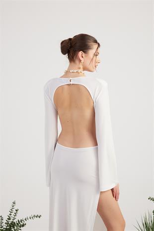 Esnek Kumaş Sırt Dekolteli Uzun Cameron Elbise Beyaz