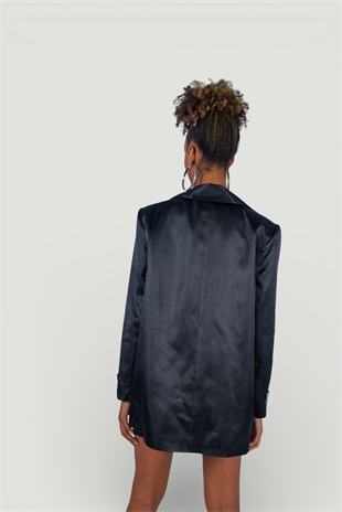 Vatkalı Uzun Kol Astarlı Saten Fancy Blazer Ceket Siyah