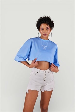 Bisiklet Yaka Holly Crop Tshirt Mavi