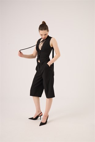 Yüksek Bel Tek Pilili Nina Bermuda Pantolon Siyah