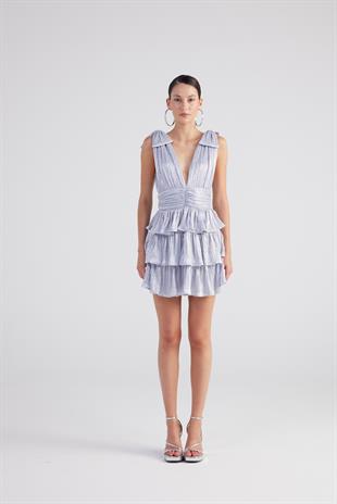 Parlak Kumaş Kurdele Detaylı Fırfırlı Mini Glare Elbise Mavi