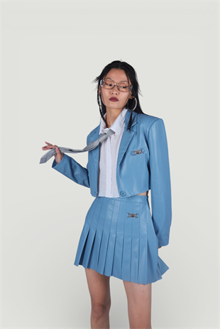 Fermuar Kapamalı Pileli Mini College Deri Etek Mavi