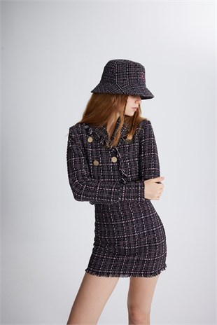 Tüvit Kumaş Mini Tweed Etek Siyah