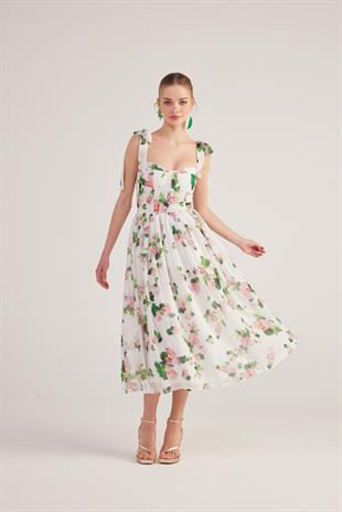 Çiçek Desenli Gloplu Uzun Şifon Donatella Elbise Beyaz