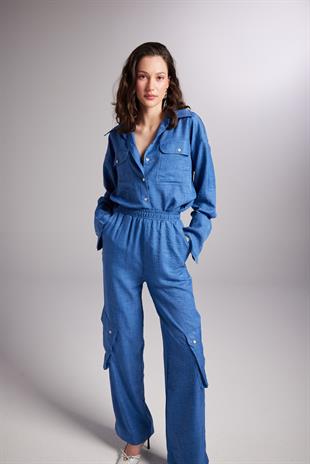 Kargo Cepli Beli Lastikli Julia Pantolon Mavi