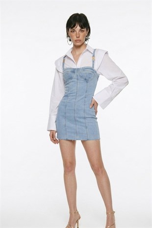 H Aksesuarlı Likralı Mini Danny Jean Elbise Mavi