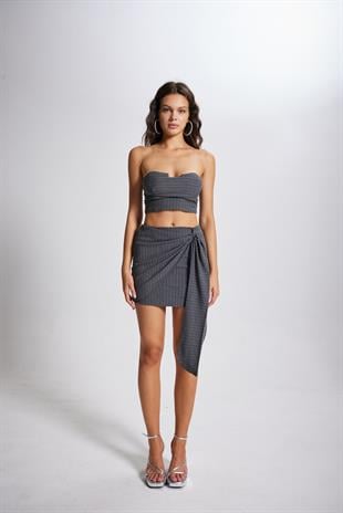 Çizgili Mini Norma Etek Gri