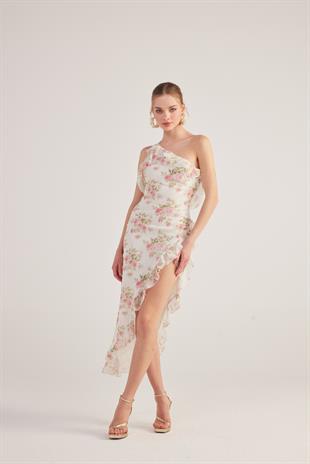 Tek Omuzlu Fırfır Detaylı Şifon Amorous Elbise Ekru