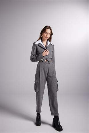 Çıkarılabilir Gömlek Yakası Detaylı Çizgili Crop Kira Blazer Ceket Gri