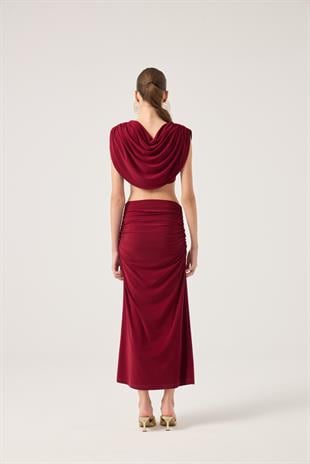 Pelerinli Askılı Büstiyerli ve Uzun Etekli 3lü Yulia Takım Bordo