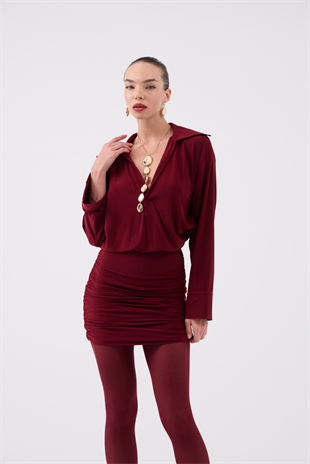 Eteği Büzgü Detaylı Gömlek Yaka Jaida Elbise Bordo