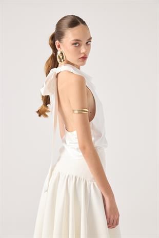 Degaje Yaka Saten Dalia Bluz Beyaz