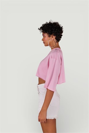 Bisiklet Yaka Holly Crop Tshirt Pembe